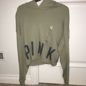 Olive Green Cropped Hoodie with Laced Sleeves